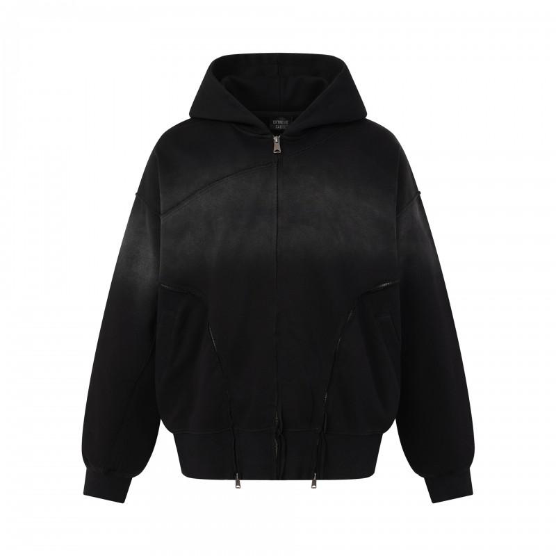 Mens Oversized Distressed Hooded Zip-Up Sweatshirt Streetwear Cotton Pullover Fall Casual Jacket