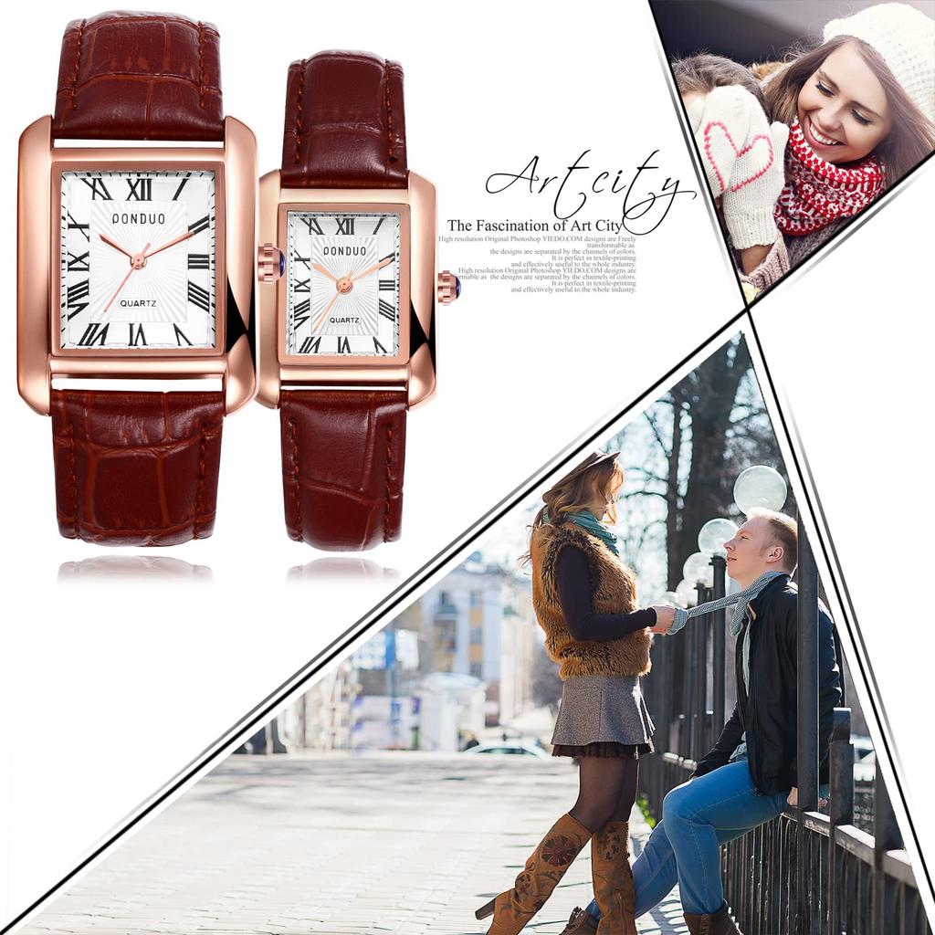 Часы квадратной пары Rome Analog Display Leather Remezzo Waterproof Quartz Watch Fashion Watch Brown Present Women's Couple - Boyfriend, Girlfriend,