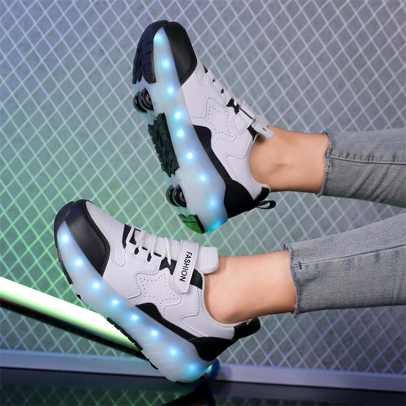 Детские светодиодные кроссовки с зарядкой через USB, светящаяся обувь для спорта на открытом воздухе, роликовые коньки, детские четырехколесные повседневные туфли для мальчиков и девочек, светящиеся