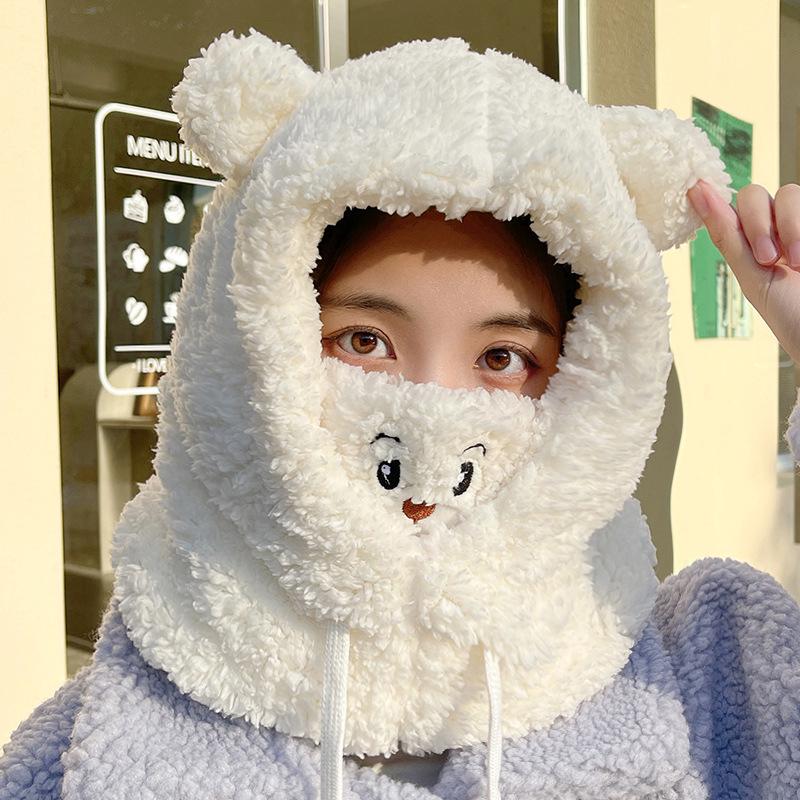 Women's Cute Bear Plush Winter Headband Scarf Mask - Windproof, Warm, Cycling Accessory