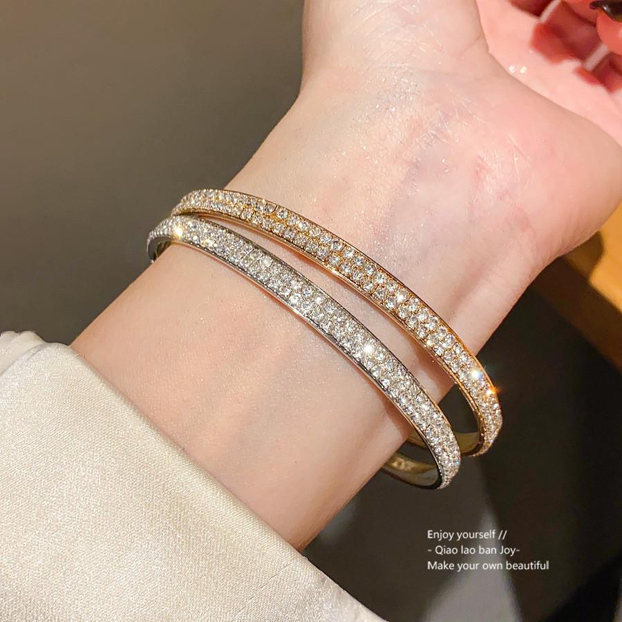 Gold Silver Round Metal Cuff Bracelet With Rhinestone Detailing For Elegant Office Wear