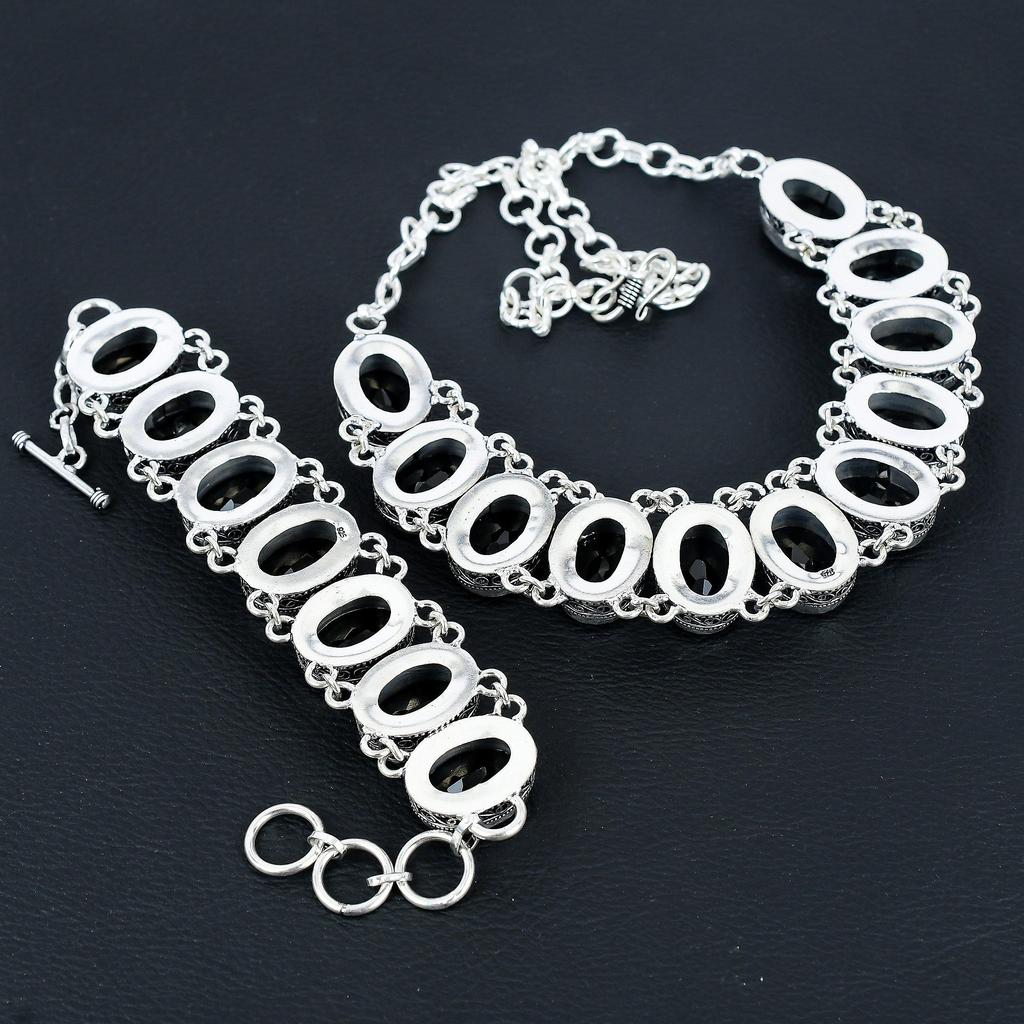 Beautiful Black Spinel Gemstone Handmade 925 Sterling Silver Jewelry Black Spinel Neclace Bracelet Set, Antique Jewelry Set, Bracelet For Gift