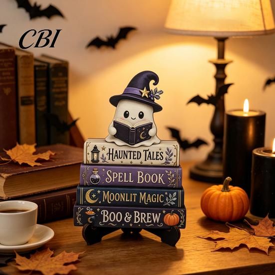 Cute Ghost Figurine Halloween Reading Figurine, Wooden Desktop Ornaments, Vintage Fall Fireplace Decorations Statue with Stand for Home Tabletop Shelf