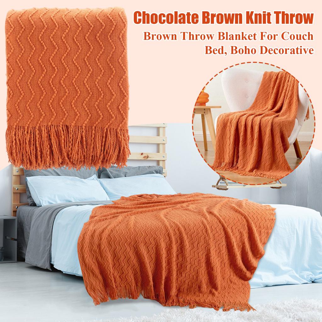 Коричневый плед для дивана, кровати, бохо декоративный шоколадно-коричневый вязаный плед, одеяло на Хэллоуин для спальни, дивана, декор на Хэллоуин