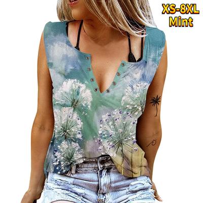 Женские майки, сексуальные летние топы без рукавов с V-образным вырезом, жилет с 3D принтом, зеленые топы с одуванчиками