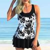 Women's Shoulder Strap Swimsuit White Chrysanthemum Print Bikini Tankini Swimsuit