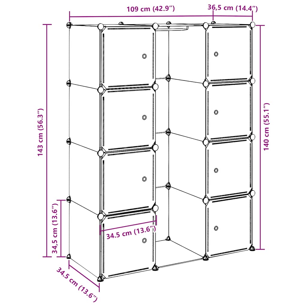 Modular Wardrobe with 9 Compartments 109 x 36.5 x 143 cm White