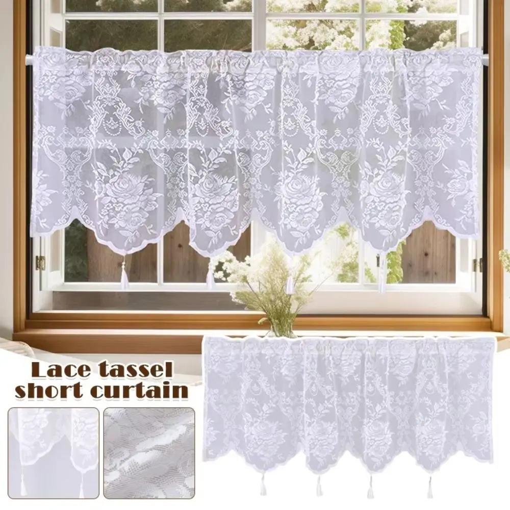 Fashion White Lace Short Curtain Tassel Small Fresh Tulle Window Half Curtains Cabinet Drapes for Home Deco