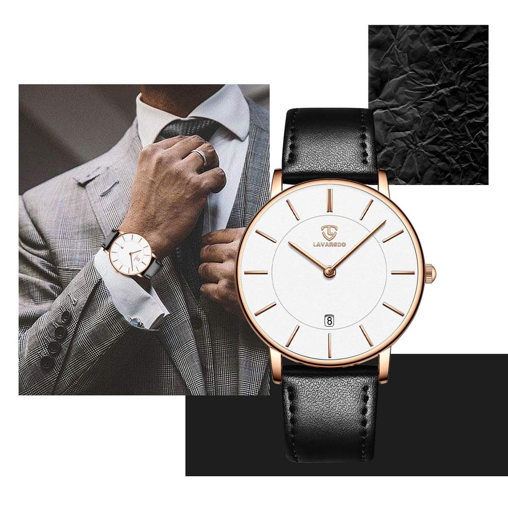 Simple Waterproof Analog Watch with Thin Leather Stylish Unisex Watch with Date Quartz Fashionable and Popular for and Everyday Wear [L LAVAREDO]