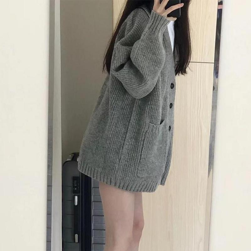 Женский свитер средней длины, кардиган, свободная вязаная куртка с v-образным вырезом
