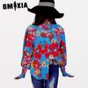 Женская мода повседневная весна осень цветной принт воротник поло длинный рукав блузки и рубашки