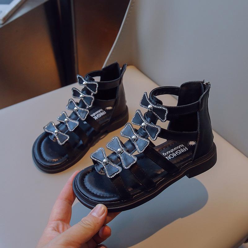 Sandalias Gril Shoes 2024 Лето Новые Детские Римские Туфли Сандалии для Девочек Корейские Открытые Туфли Принцессы Сандалии Бантом Для Девочек