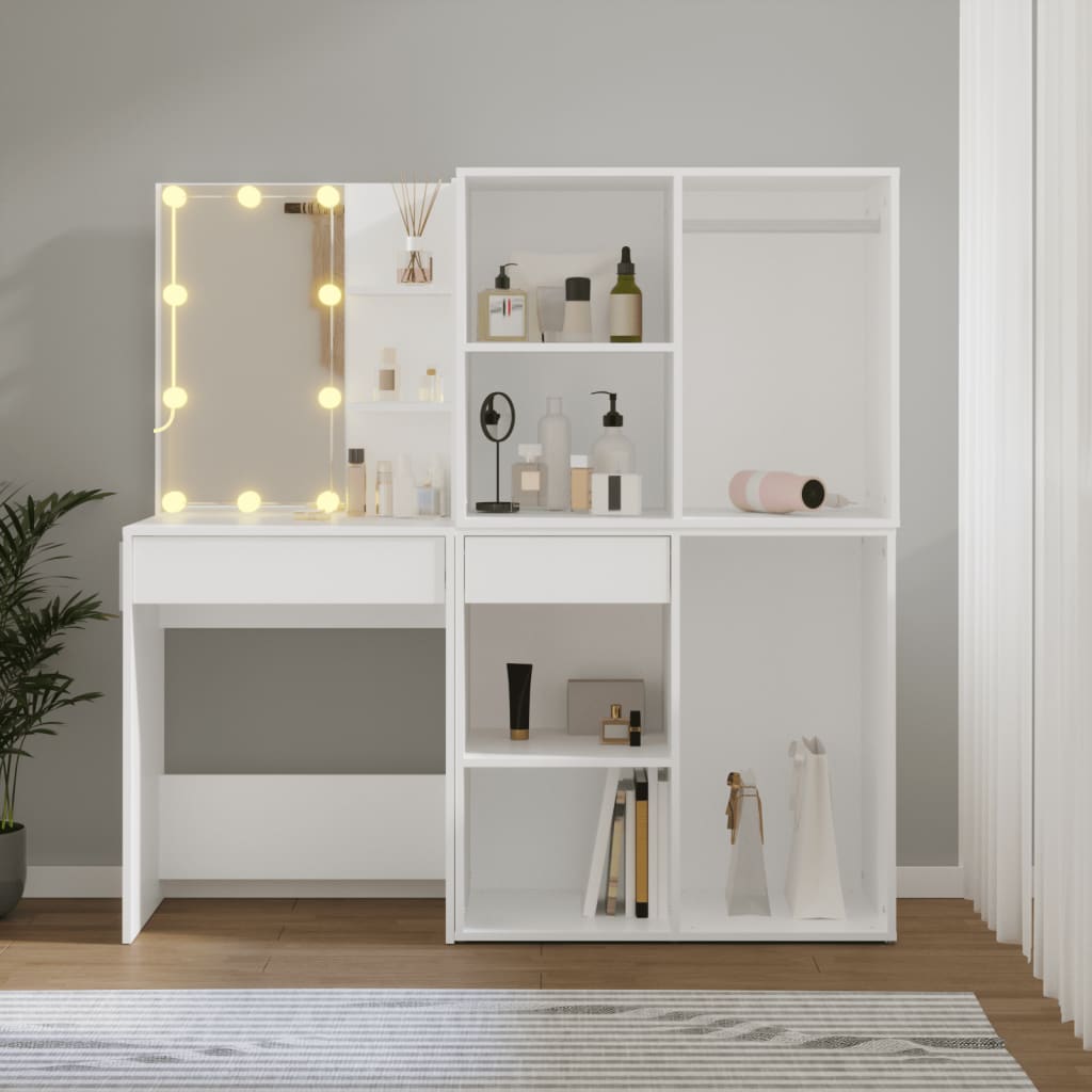 LED Makeup Table with 2 Cabinets White Wood Based Material