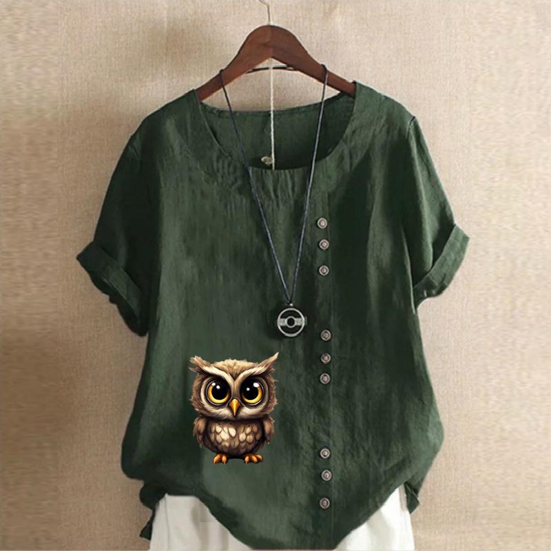 Women's Fashion Owl Prined Short Sleeve T-shirt Loose Cotton Shirt Casual Loose Summer Blouse Tops Plus Size