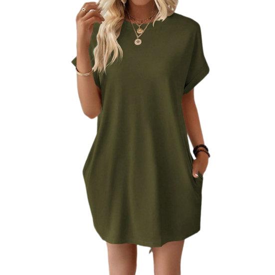 Женское летнее платье, однотонное, с круглым вырезом, с короткими рукавами, свободные боковые карманы, повседневное, дышащее, мягкое, повседневное, для офиса, свиданий, мини-платье