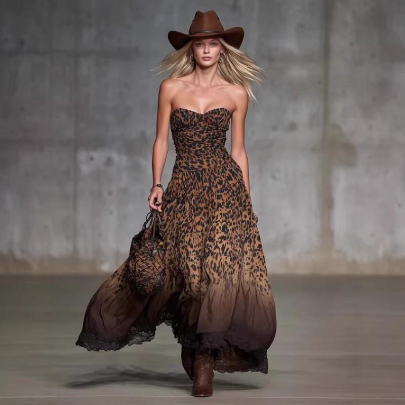 Vintage Western Vacation Off Shoulder Leopard Chiffon Maxi Dress Women