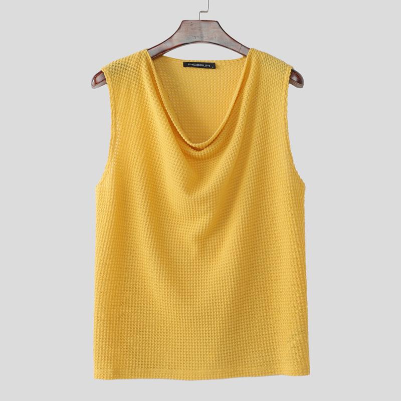 INCERUN Мужские майки без рукавов с отложным воротником, полупрозрачные, вафельной текстуры, облегающие