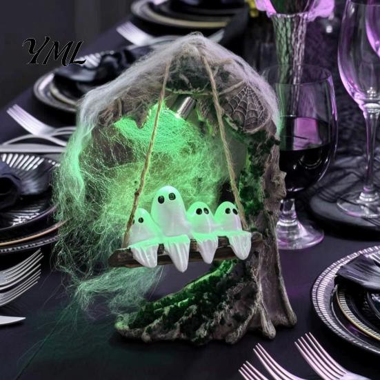 Spooky Resin Statue for Home Halloween Ghosts on A Tree Swing Statue, Light Up Swinging Ghost in Decor Figurine with Spider Web Desktop Bookshelf