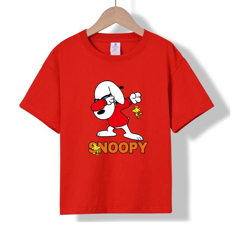 MC-89 MINISO 2026 Summer Kids 100% Cotton Snoopy Dabbing T-Shirt Peanuts Cartoon Woodstock Short Sleeve Tee for Boys & Girls