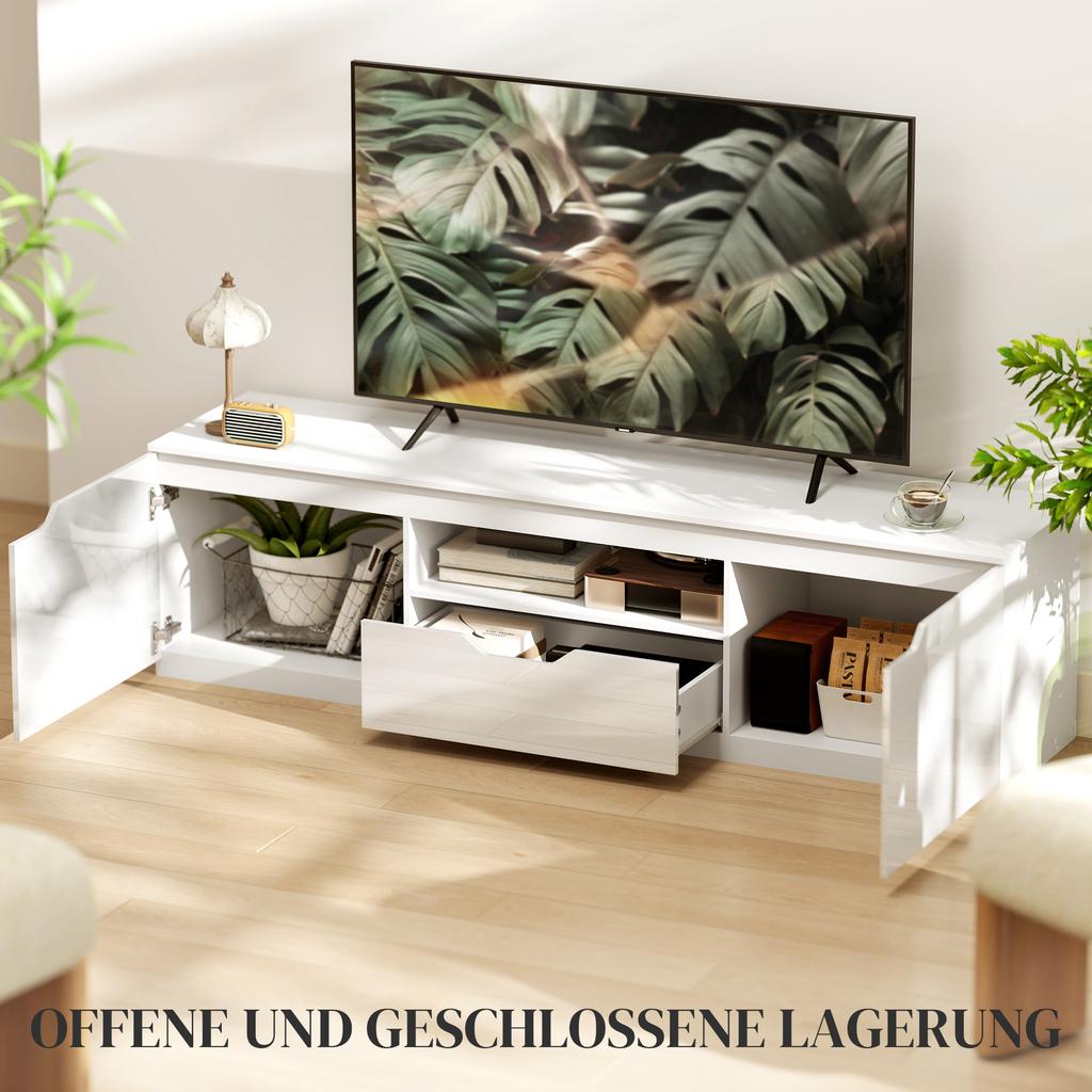 TV Lowboard, High Gloss, for TVs up to 65'', 3 Compartments, Drawer, 160 x 38 x 43 cm, White