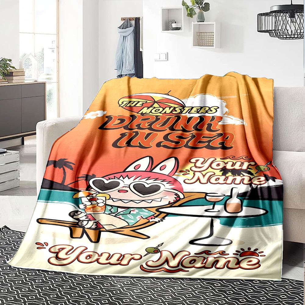 Labubu Personalized Text Blanket Throw Customizable Blanket Soft Warm Cozy Perfect for Office Living Room Couch Seaside Four Seasons Multipurpose