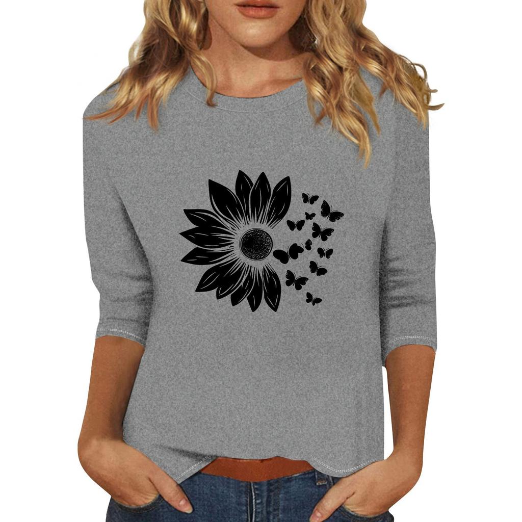 Women's Fashionable Casual Three Quarter Sleeve Printed Collar Pullover Top