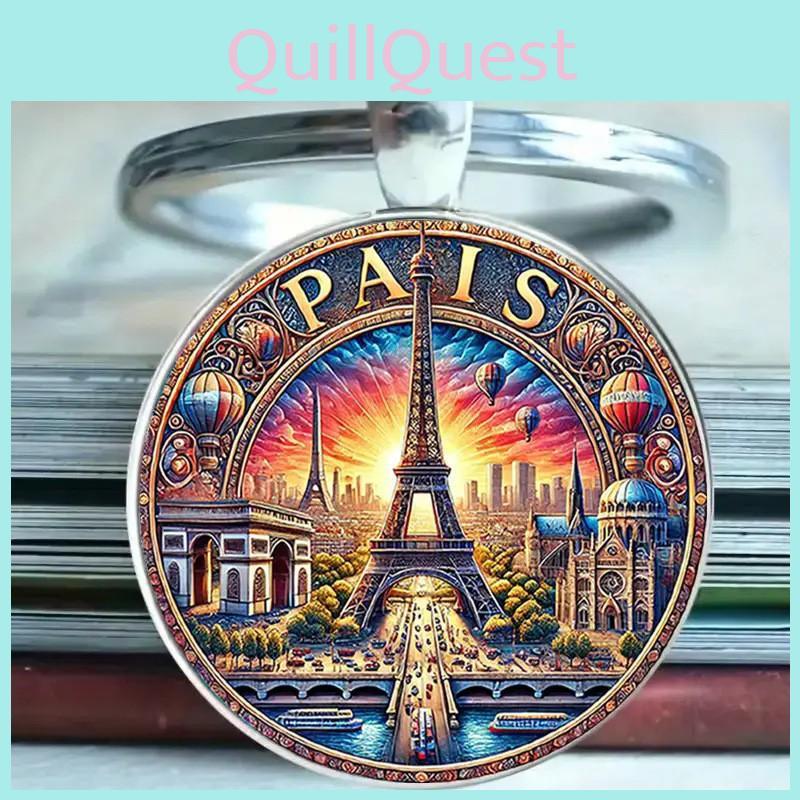 Paris Sunset Scene Keychain With Glass Pendant For Gift And Decoration