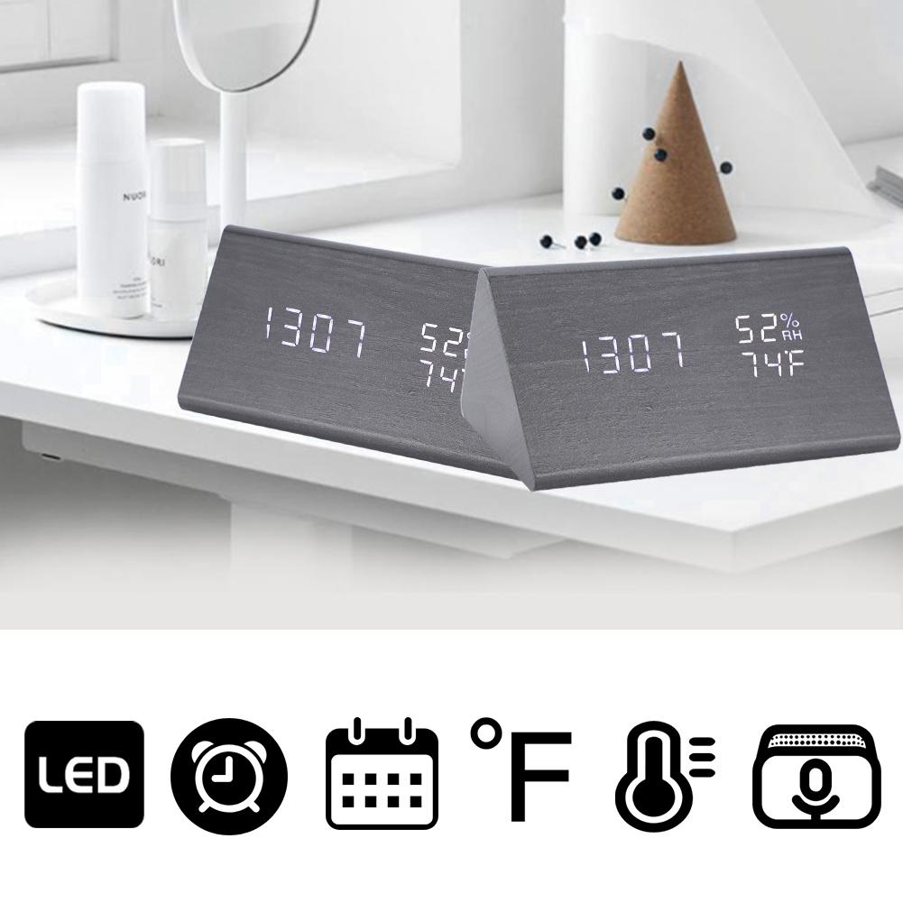 Digital LED Wood Desk Clock Voice Control Triangular Temp Humidity Alarm White Light