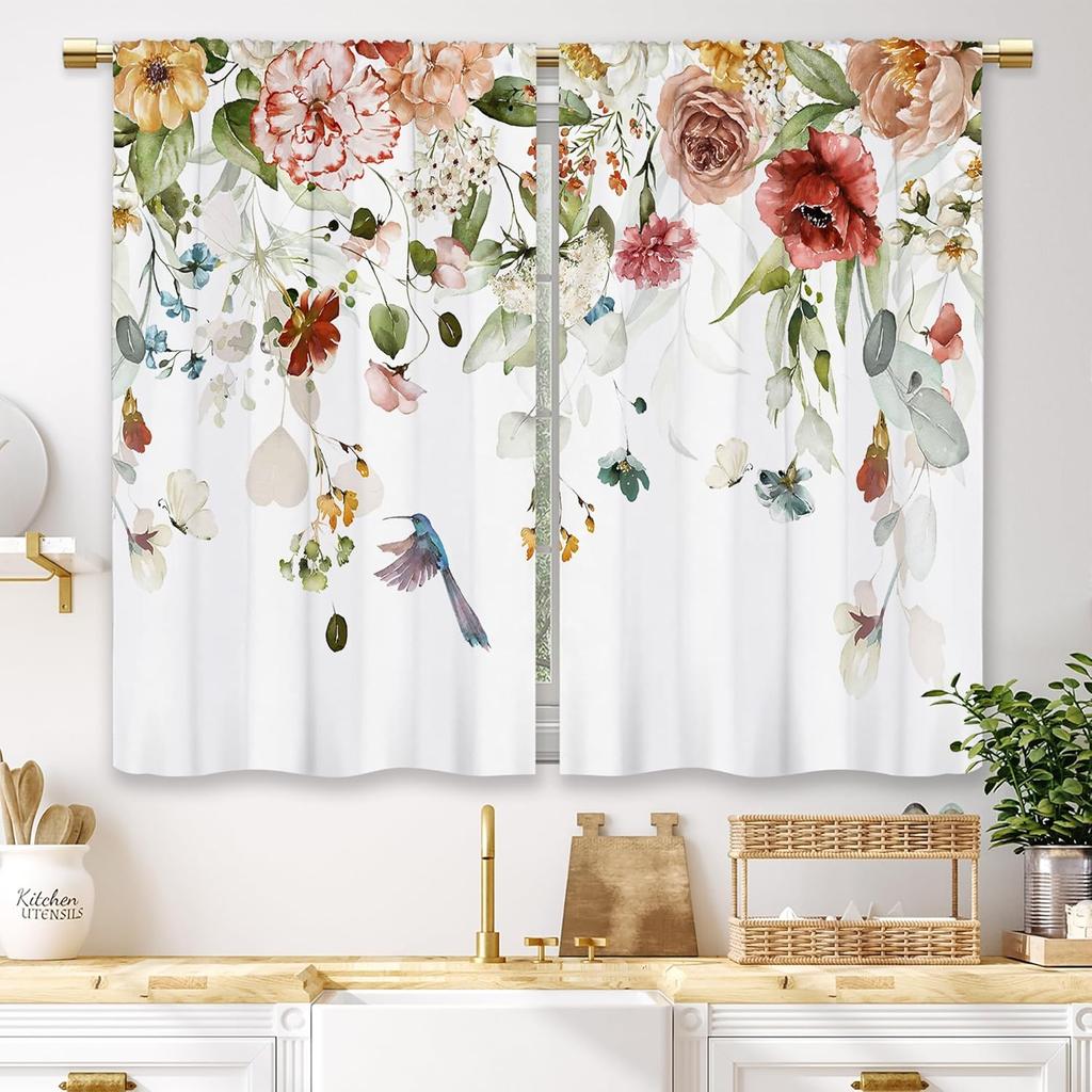 Watercolor red flower kitchen short curtain hummingbird wild flower spring scenery wear rod type half curtain 26 x 36 inches color