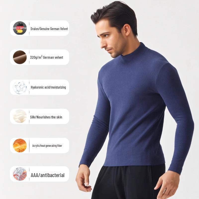 Мужская теплая бесшовная рубашка из немецкого бархата с высоким воротником - облегающий крой, зимний сохраняющий тепло топ