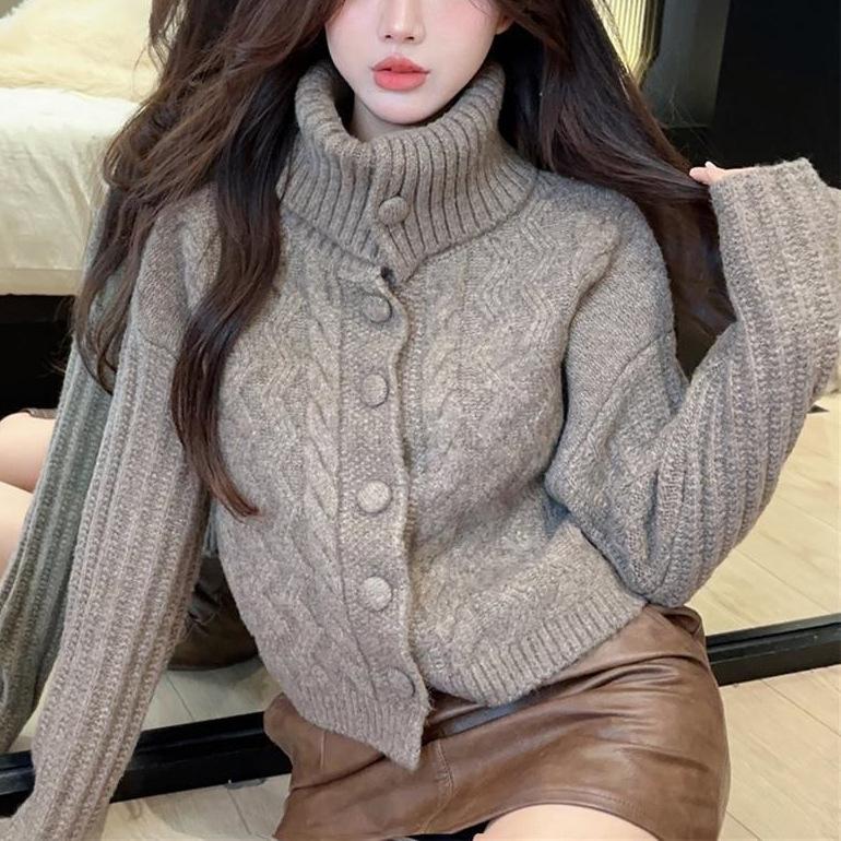 Свитер с высоким воротом для женщин на осень и зиму, мягкий и свободный вязаный свитер с короткими рукавами, ленивый дизайн