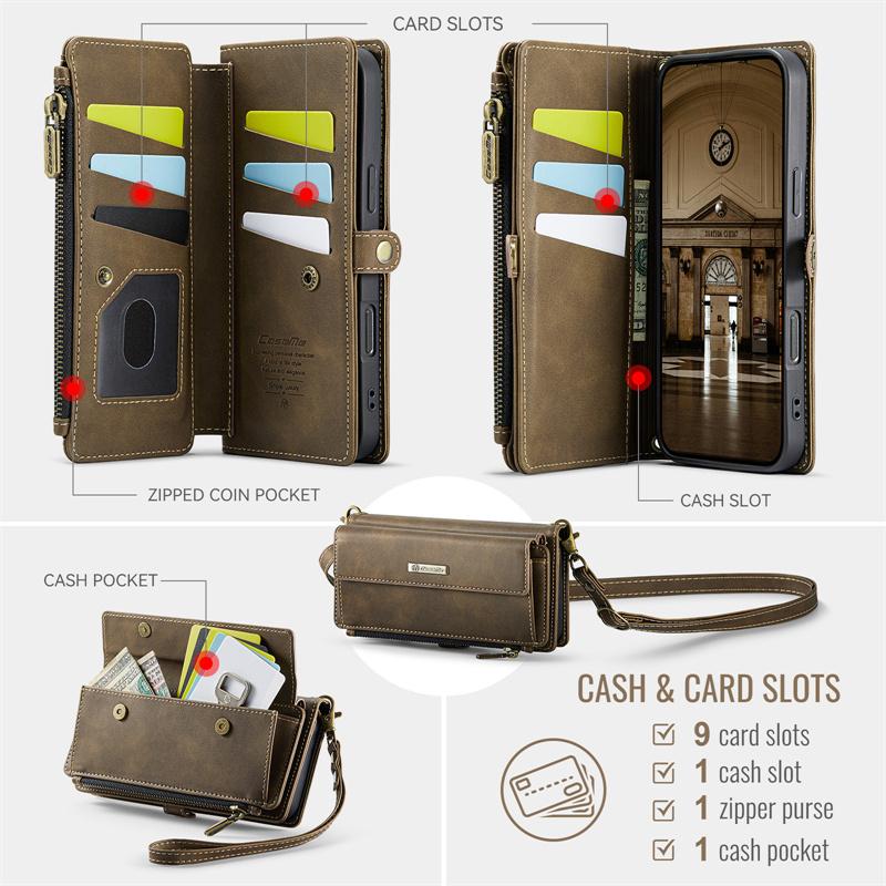 CaseMe Кожаный чехол-книжка для iPhone 17 Pro Max 17E Air 16 Plus 16E 15 14 13 12 11 X XS XR SE 2022 8 с длинным ремешком, кошельком на молнии, обложкой для нескольких карт