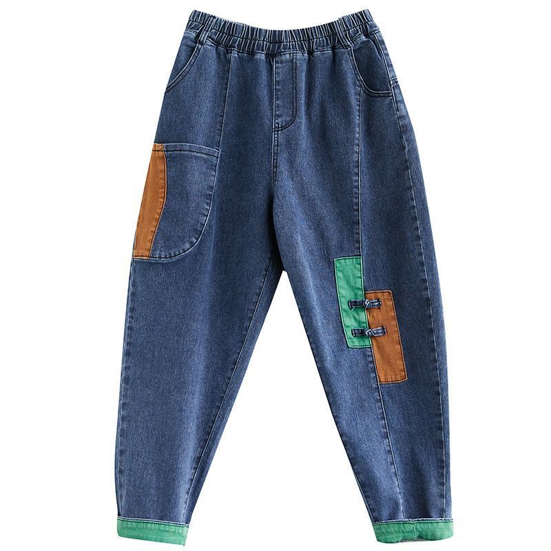 Женские художественные ретро джинсы из лоскутной джинсовой ткани с высокой талией, свободного облегания, универсальные, модные брюки гаремного типа