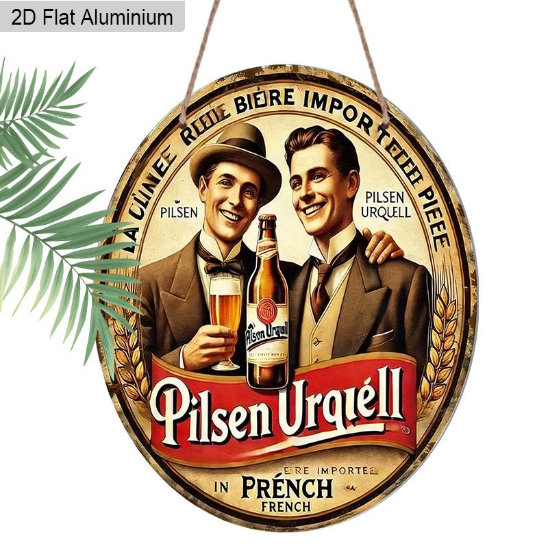 Двумерная плоская алюминиевая ретро круглая металлическая табличка Pilsner Urquell Реклама пива, Винтажный настенный декор с веревкой для подвешивания, Декор в стиле рустик-шик для дома