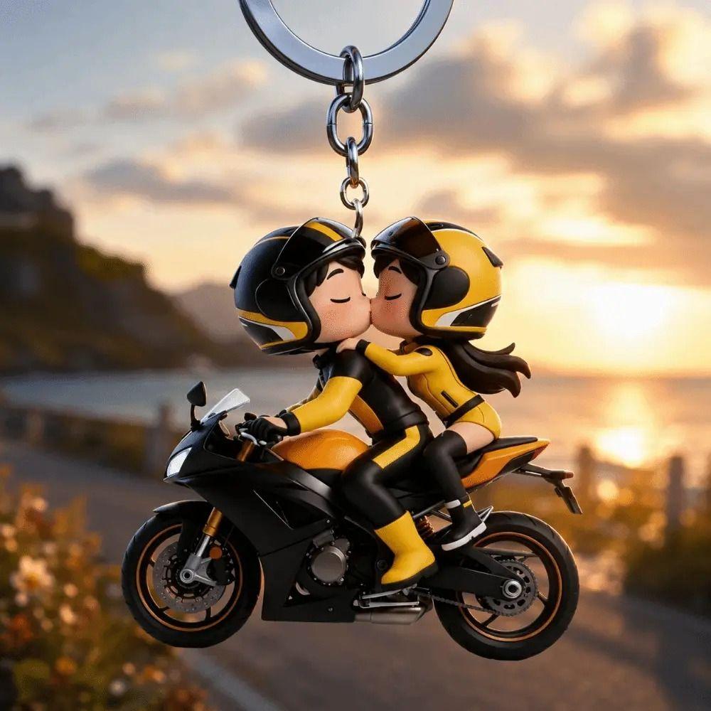 2D Flat Motorcycle Couple Keychain Acrylic Couple Keyring Funny Motorcycle Keychain Key Decoration