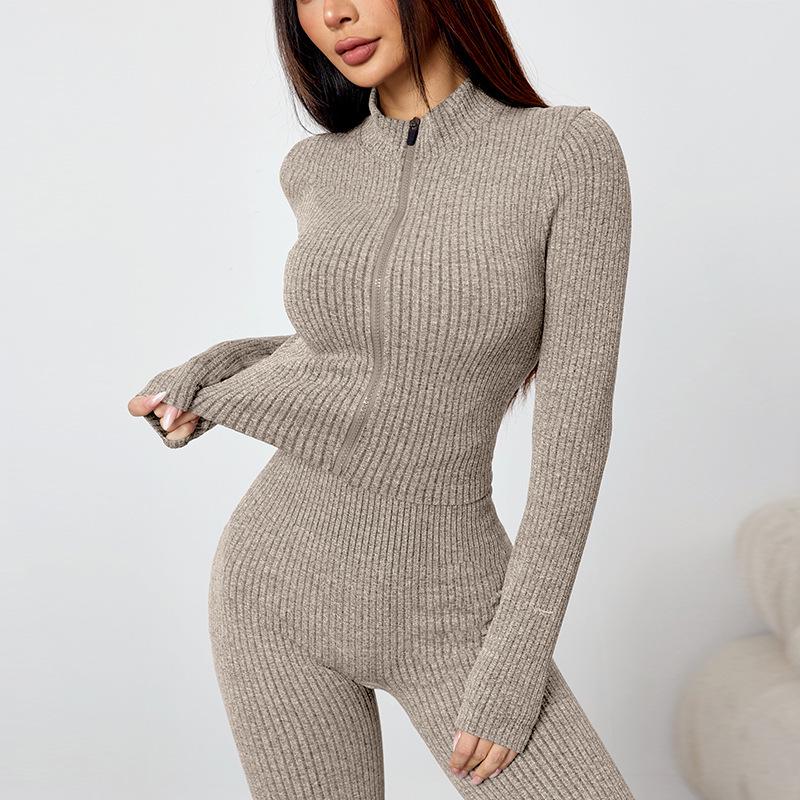 Женский ribbed set для йоги на молнии: Приталенный костюм из двух частей на осень и зиму - Идеально подходит для бега, спорта и повседневной носки