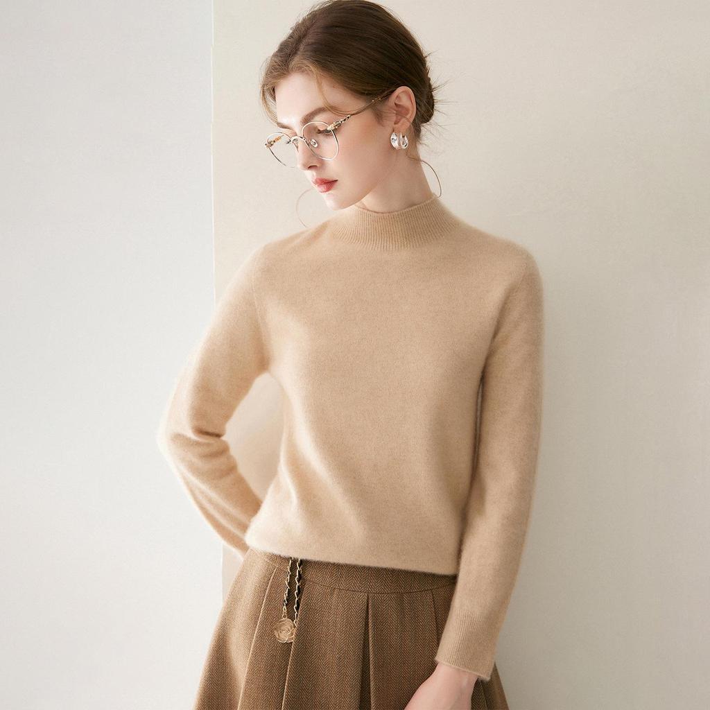2026 Le Kasha Women's Pure Cashmere Sweater: 12 Gauge Flat Knit, Half-High Neck, Solid Color, Autumn/Winter Base Layer
