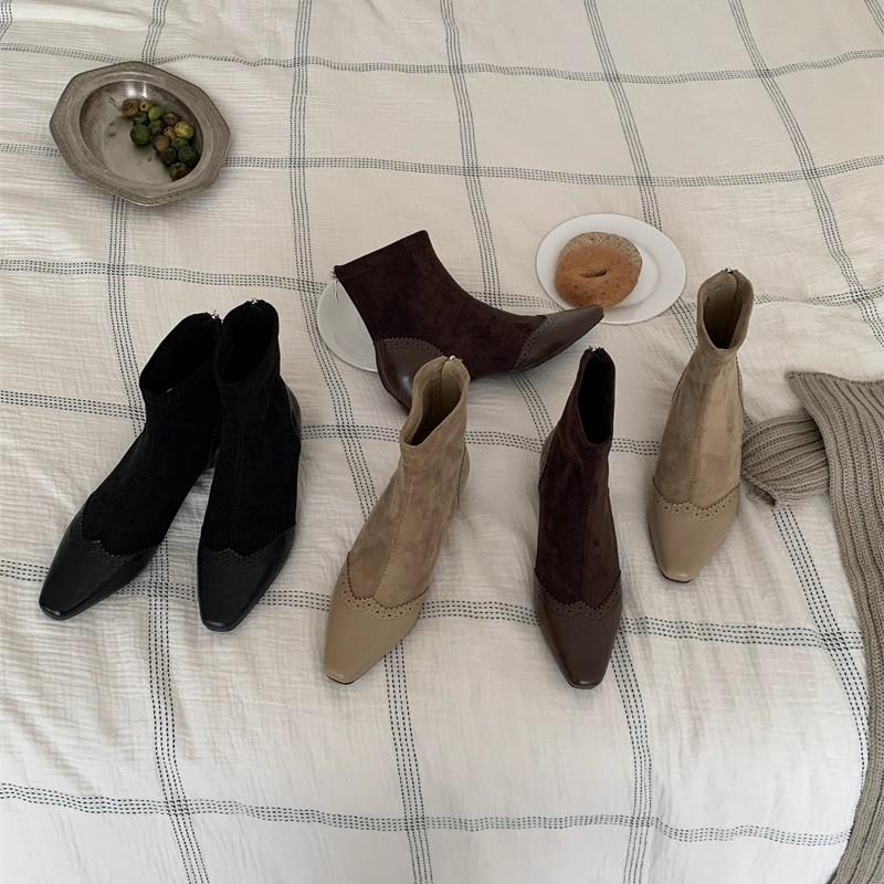 Square Head Splicing Short Tube Fashion Boots Versatile British Style Commuting with Skirt Personality Thick Heel Thin Comfortable Martin Boots