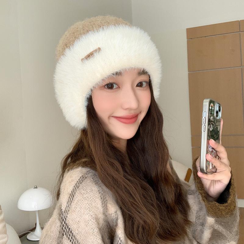 Autumn and Winter Big Head Circumference Knitted Wool Hat In Winter Warmth Thick Plush Hat Versatile Contrasting Ear Protection Cold Hat