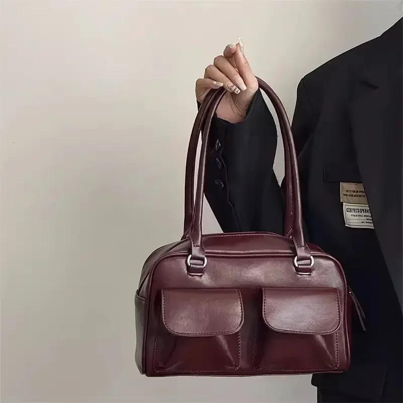 Vintage Women Business Shoulder Bags Simple Ladies Commute Tote Bag Pu Female Underarm Bag Burgundy Large Handbags Purse