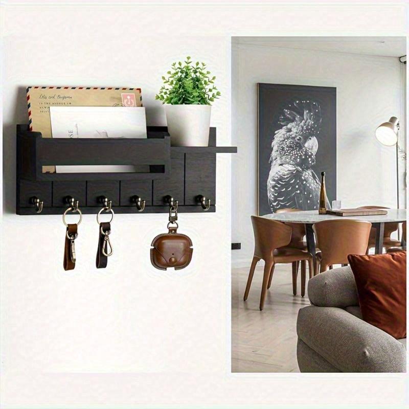 1pc Vintage Wooden Wall Mounted Key Rack with Mail Holder & Tray - Easy Install, Suitable for Farmhouse Decor In Living Room, Kitchen