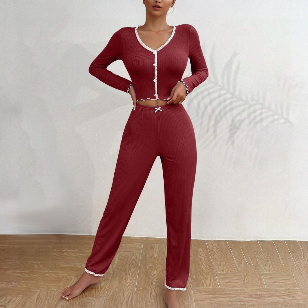 Women's Home Clothes Pajamas Long Sleeved Pants Loose And Comfortable Sexy Lace Two-piece Set