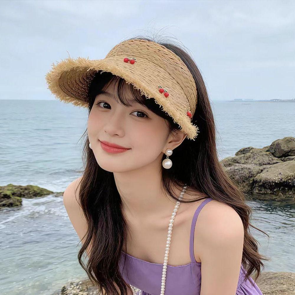 Dopamine Cherry Strawberry Sun Hat Beige Khaki Sunscreen Open-crown Straw Hat Breathable Headband-style Sunshade Cap Vacation
