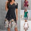 Летнее женское платье трапециевидной формы с цветочным принтом, свободный подол, короткие рукава, волнистый V-образный вырез, высокая талия, длина до колена, вечеринка, свидание, шоппинг, платье миди