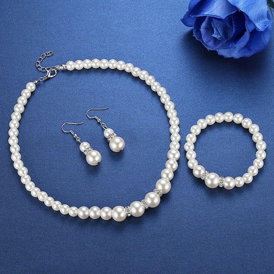 Elegant ABS Pearl Jewelry Set: Necklace, Earrings, and Bracelet for Mother's Gift or Wedding Accessories.