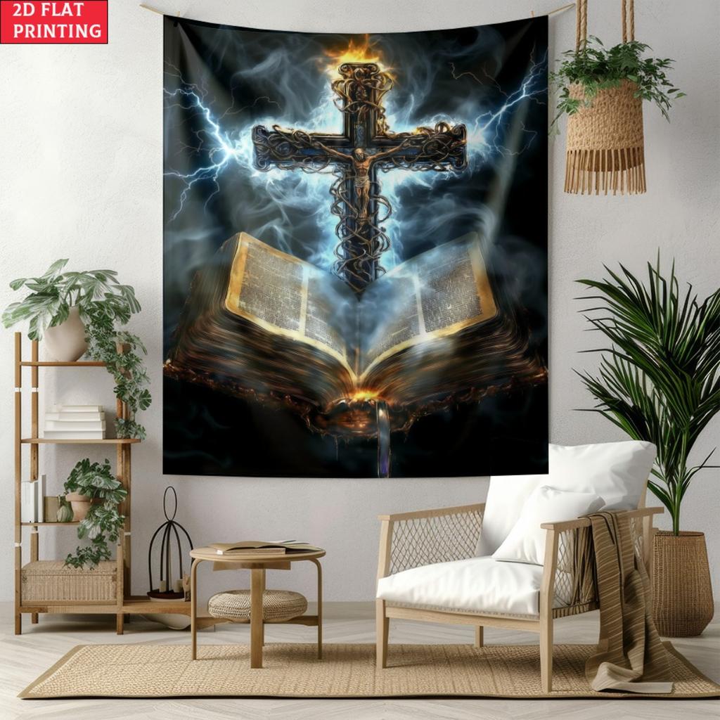 Holy Bible Cross Religious Wall Tapestry Christian Art Decor for Church Home Prayer Room Spiritual Inspiration 2D Flat Printing