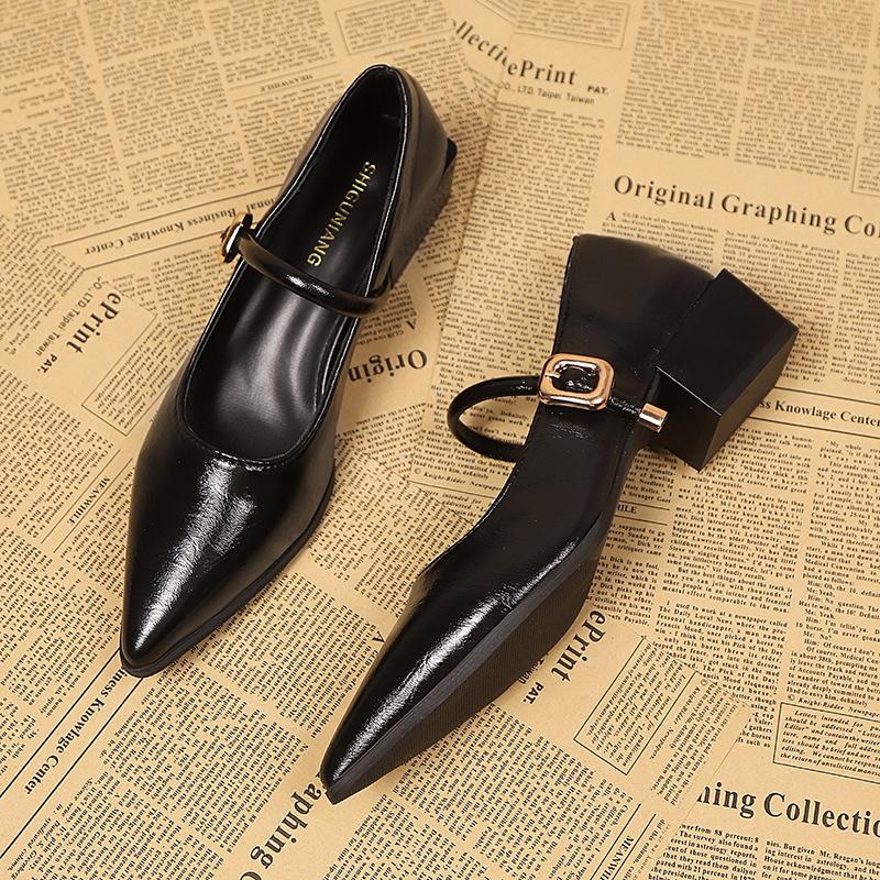 Дизайн с толстым каблуком, нишевые туфли-лодочки с мелким вырезом, женские весенне-осенние новые остроносые туфли на высоком каблуке Мэри Джейн, маленькие кожаные туфли