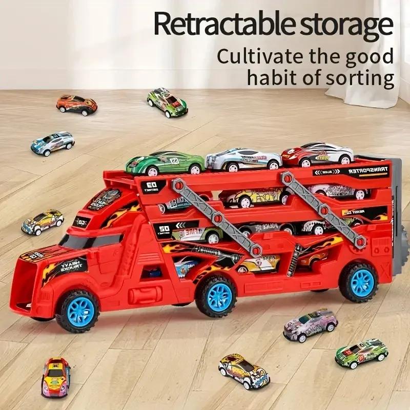 Детский автомобильный грузовик с 6 легкосплавными автомобилями, складной контейнер для хранения, игрушечный транспорт с выталкивающим рельсом для мальчиков 4-6 лет