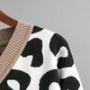Autumn and Winter Women's Sweater Leopard Print V-neck Splicing Mixed Knit Sweater Pullover Long Sleeve Sweater