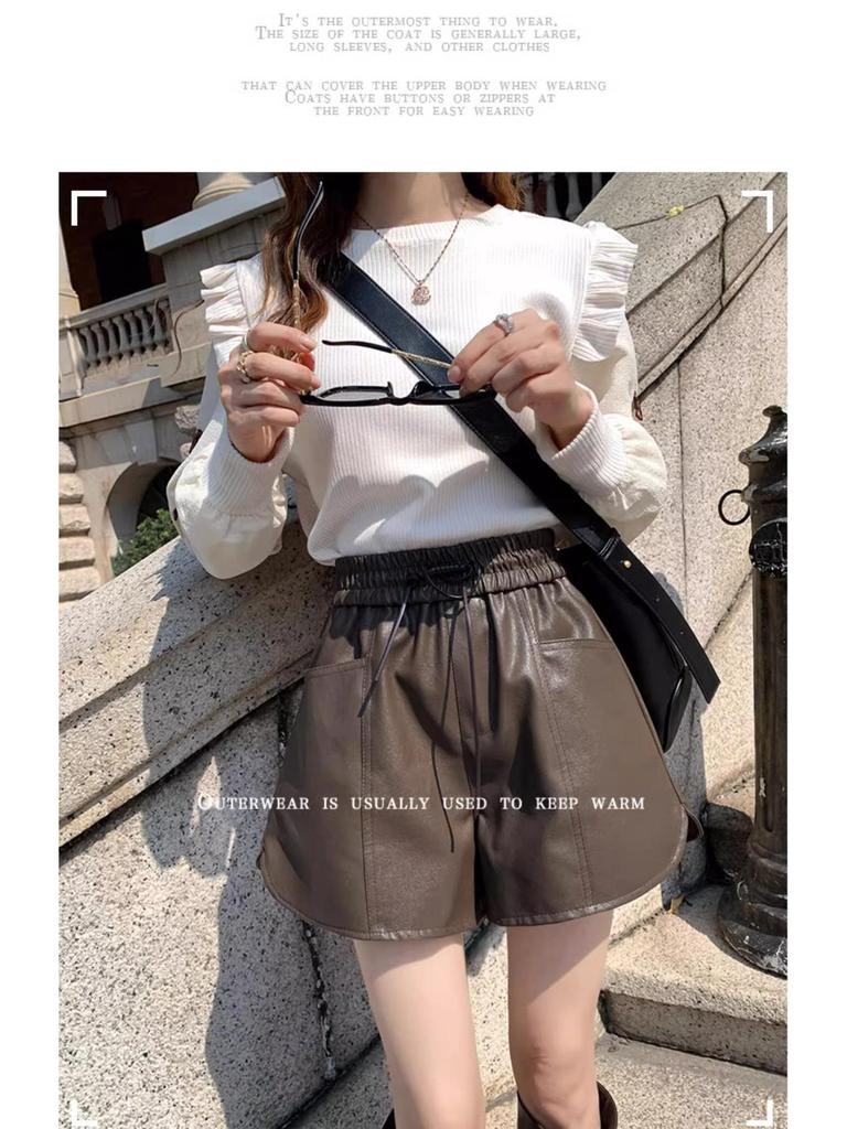 Autumn 2024 Women's High-Waist PU Leather Wide-Leg Shorts - Casual A-Line Style